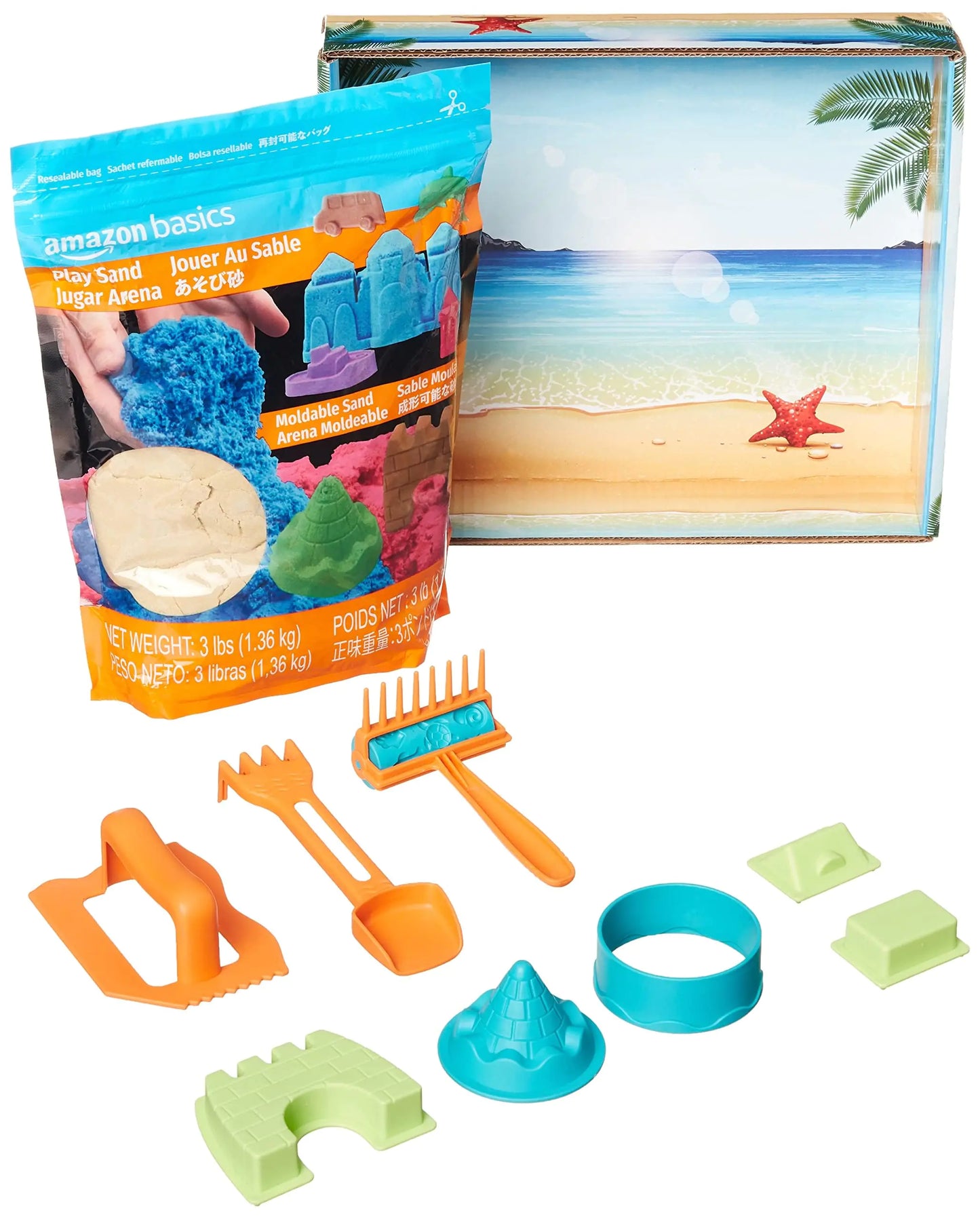 Amazon Basics 3lbs Moldable Sensory Play Sand with Castle Molds and Tool Set for Kids Ages 3 and Up Medium Natural Sand 11 Count (Pack of 1)